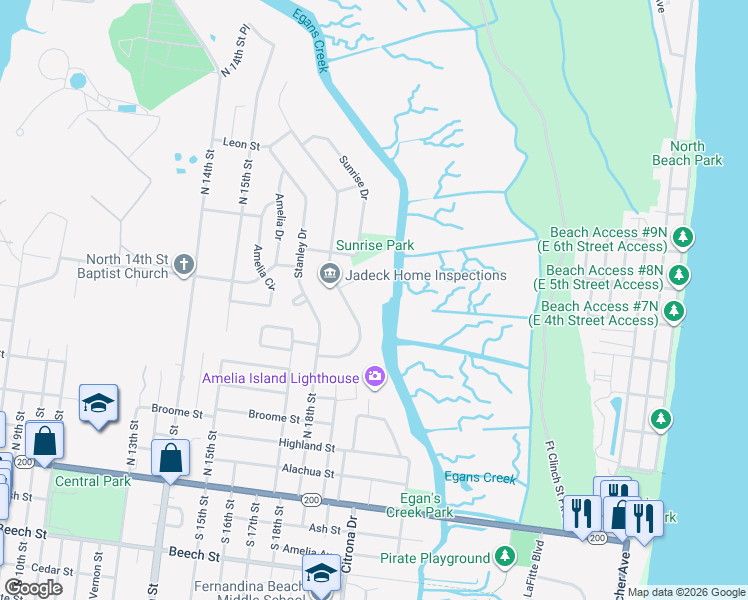 map of restaurants, bars, coffee shops, grocery stores, and more near 1836 Highland Drive in Fernandina Beach
