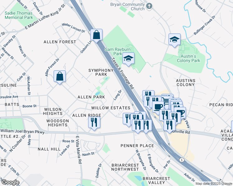 map of restaurants, bars, coffee shops, grocery stores, and more near 2507 Long Dr in Bryan