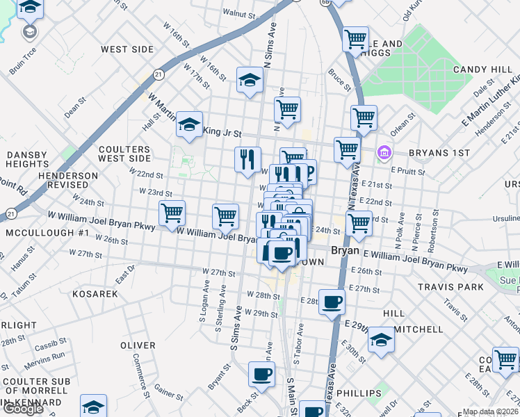 map of restaurants, bars, coffee shops, grocery stores, and more near 302 North Parker Avenue in Bryan