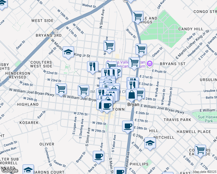 map of restaurants, bars, coffee shops, grocery stores, and more near 401 North Bryan Avenue in Bryan