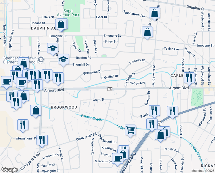 map of restaurants, bars, coffee shops, grocery stores, and more near 2924 Jennings Drive in Mobile