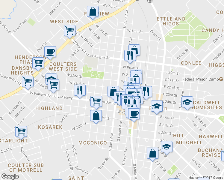 map of restaurants, bars, coffee shops, grocery stores, and more near 307 N Sterling Ave in Bryan