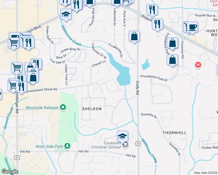 map of restaurants, bars, coffee shops, grocery stores, and more near 649 Spring Lake Drive West in Mobile