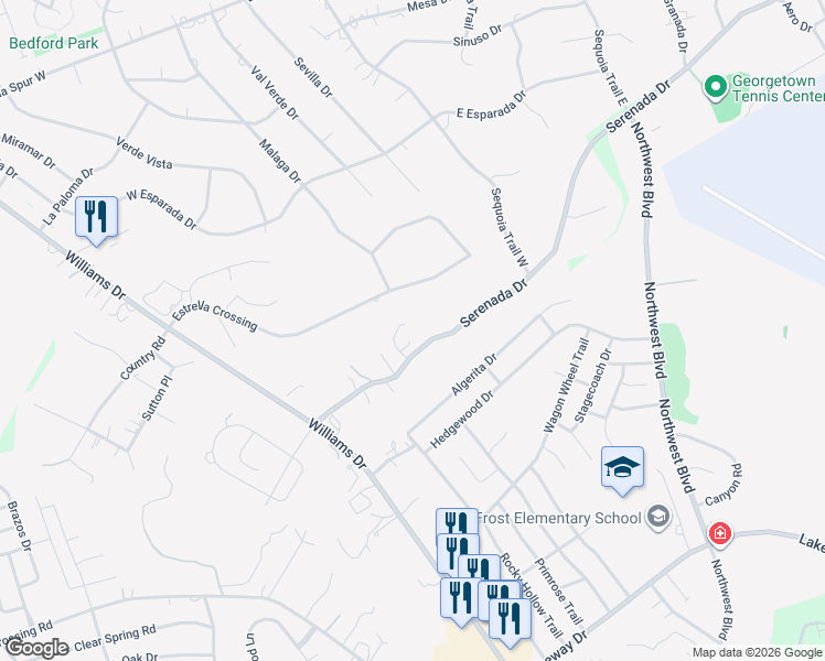 map of restaurants, bars, coffee shops, grocery stores, and more near 113 Serenada Drive in Georgetown