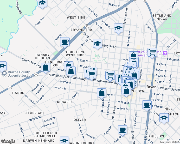 map of restaurants, bars, coffee shops, grocery stores, and more near 808 West 24th Street in Bryan
