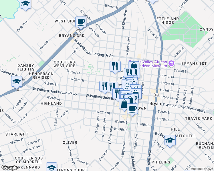 map of restaurants, bars, coffee shops, grocery stores, and more near 307 North Sterling Avenue in Bryan