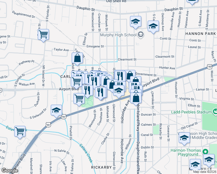 map of restaurants, bars, coffee shops, grocery stores, and more near 2154 Airport Boulevard in Mobile