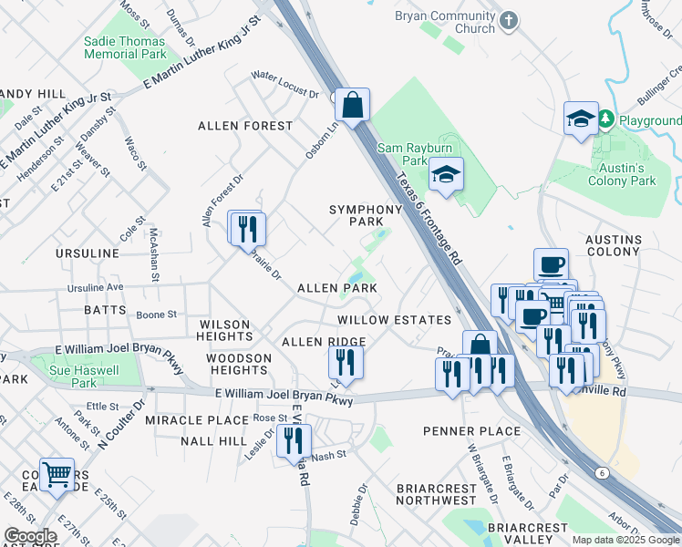 map of restaurants, bars, coffee shops, grocery stores, and more near 2999 Elise Lane in Bryan