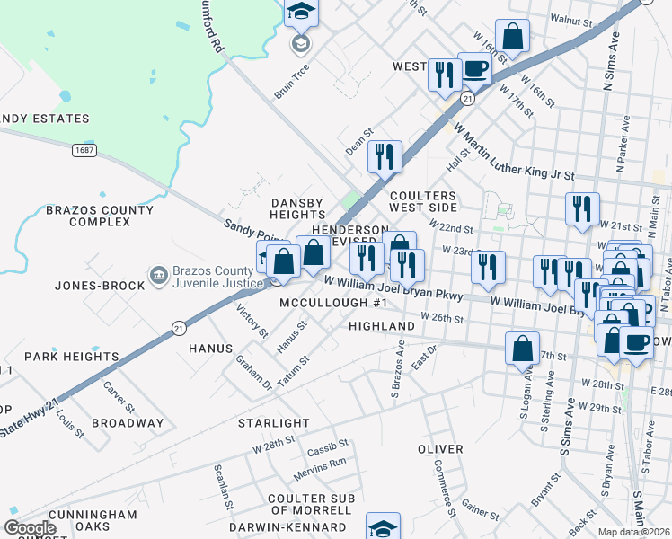 map of restaurants, bars, coffee shops, grocery stores, and more near 104 McCulloch Street in Bryan