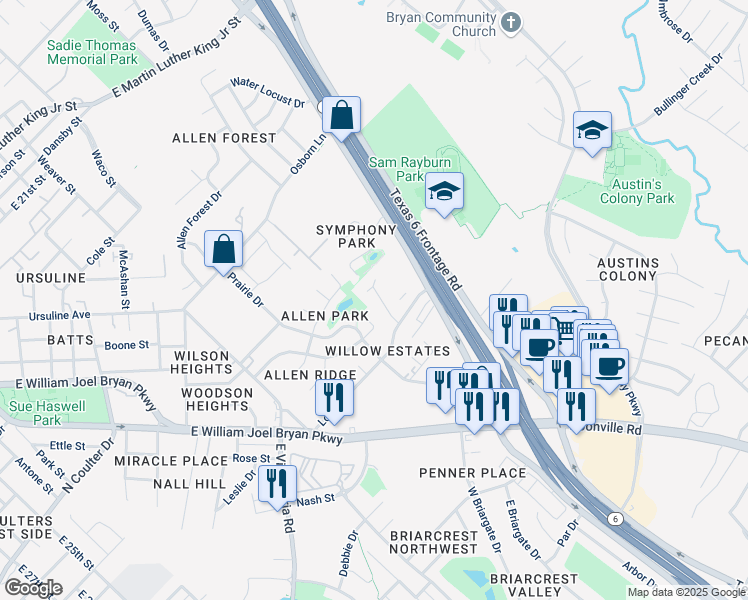 map of restaurants, bars, coffee shops, grocery stores, and more near 1620 Enloe Court in Bryan