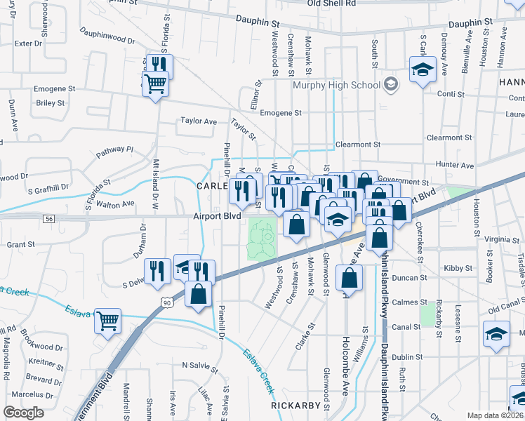 map of restaurants, bars, coffee shops, grocery stores, and more near 2258 Airport Boulevard in Mobile