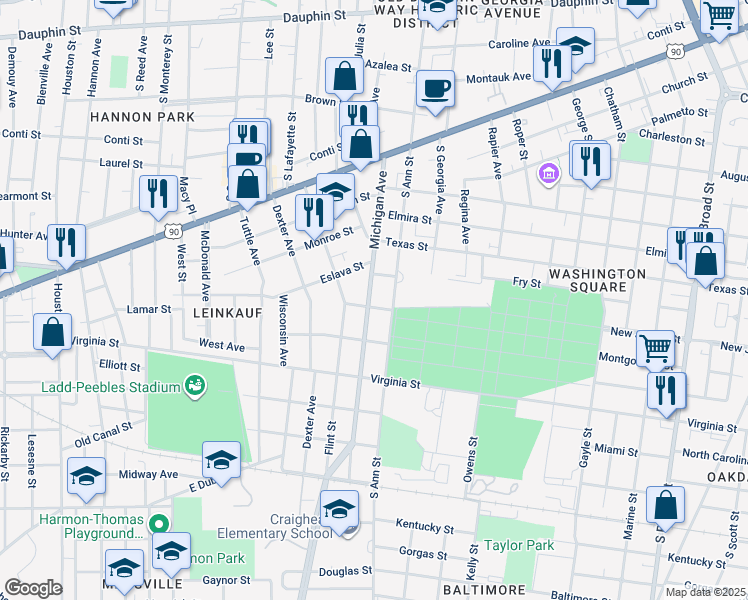 map of restaurants, bars, coffee shops, grocery stores, and more near 358-1398 Alabama Street in Mobile