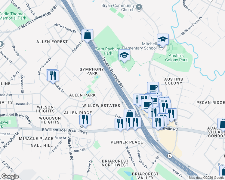 map of restaurants, bars, coffee shops, grocery stores, and more near 987 Texas 6 Frontage Road in Bryan