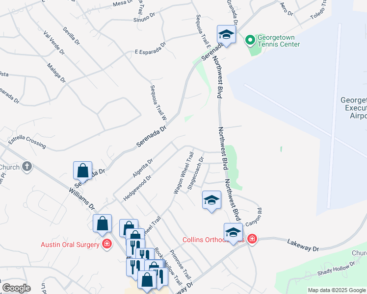 map of restaurants, bars, coffee shops, grocery stores, and more near 723 Hedgewood Drive in Georgetown