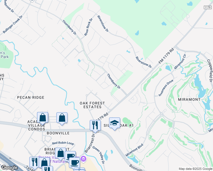 map of restaurants, bars, coffee shops, grocery stores, and more near 3405 Dovecote Way in Bryan