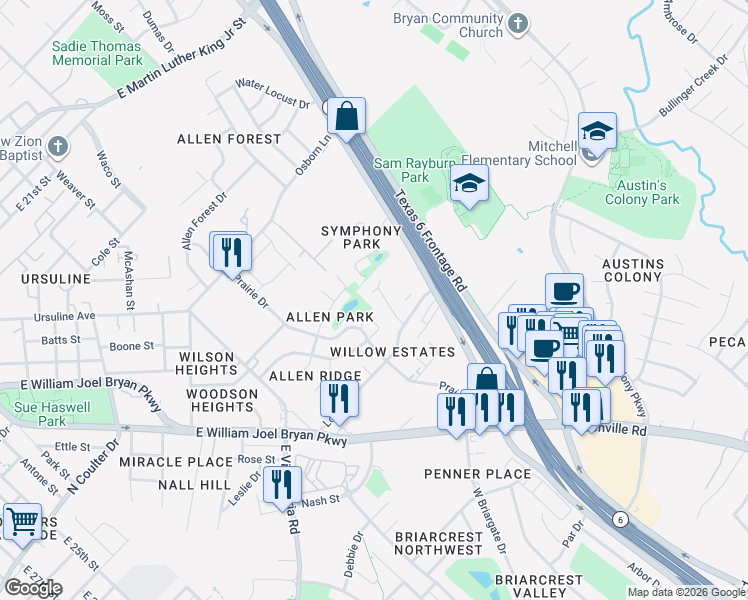 map of restaurants, bars, coffee shops, grocery stores, and more near 1616 Enloe Court in Bryan