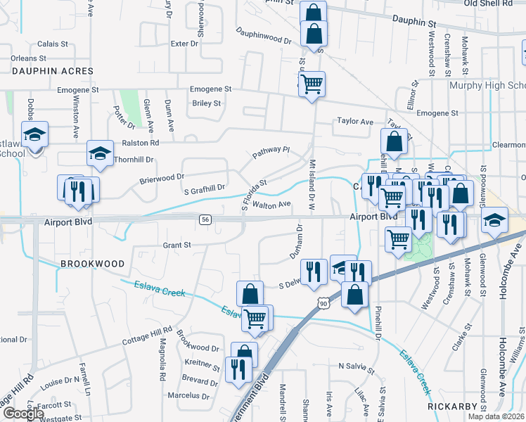 map of restaurants, bars, coffee shops, grocery stores, and more near 2611 Walton Avenue in Mobile