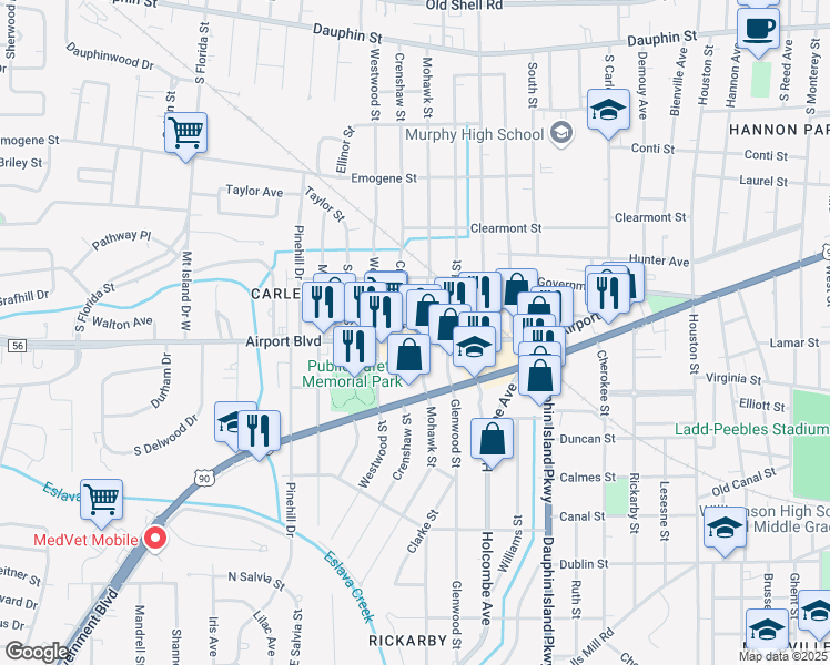 map of restaurants, bars, coffee shops, grocery stores, and more near 2154 Airport Boulevard in Mobile