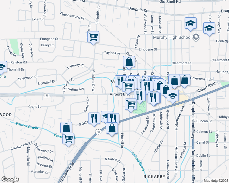 map of restaurants, bars, coffee shops, grocery stores, and more near 2476-2480 Airport Boulevard in Mobile