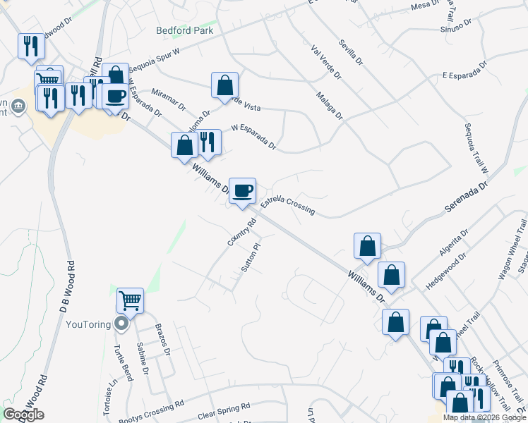 map of restaurants, bars, coffee shops, grocery stores, and more near 4089 Williams Drive in Georgetown