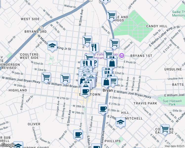 map of restaurants, bars, coffee shops, grocery stores, and more near 401 North Main Street in Bryan