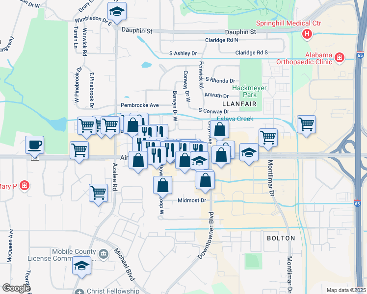 map of restaurants, bars, coffee shops, grocery stores, and more near 3858 West Rue Maison in Mobile