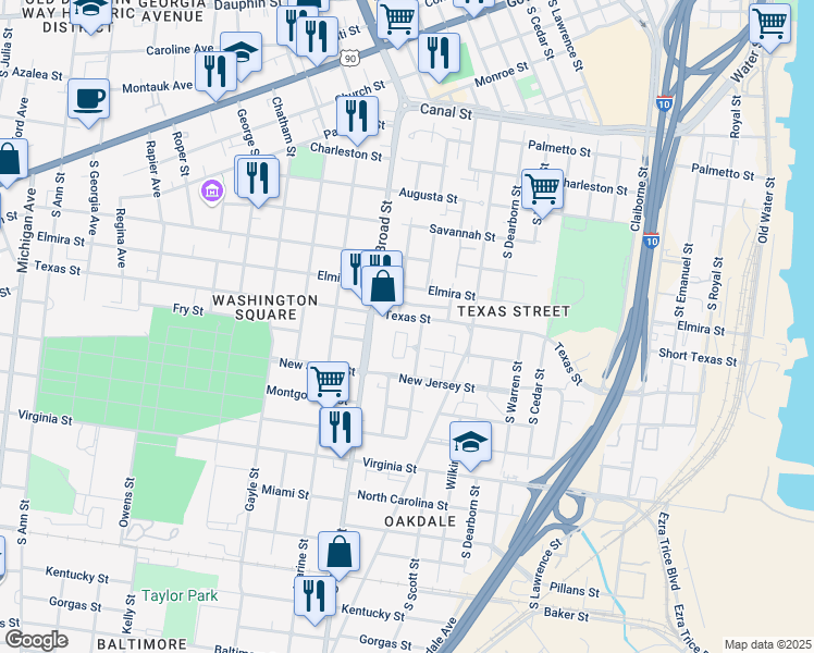 map of restaurants, bars, coffee shops, grocery stores, and more near 600s Bayou Street in Mobile