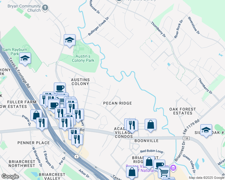 map of restaurants, bars, coffee shops, grocery stores, and more near 3617 Choctaw Street in Bryan