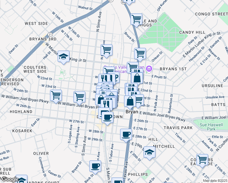 map of restaurants, bars, coffee shops, grocery stores, and more near 200 East 23rd Street in Bryan