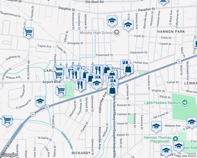 map of restaurants, bars, coffee shops, grocery stores, and more near 2032 Airport Boulevard in Mobile