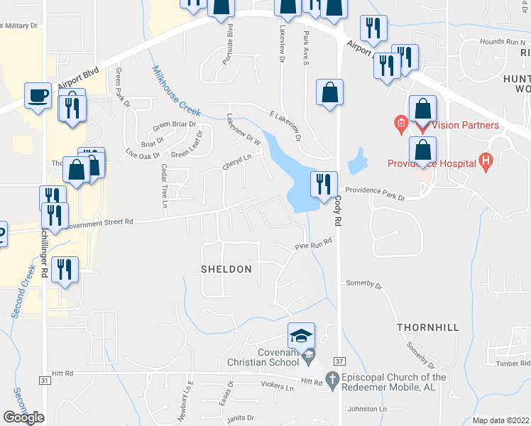 map of restaurants, bars, coffee shops, grocery stores, and more near 637 Spring Lake Drive West in Mobile