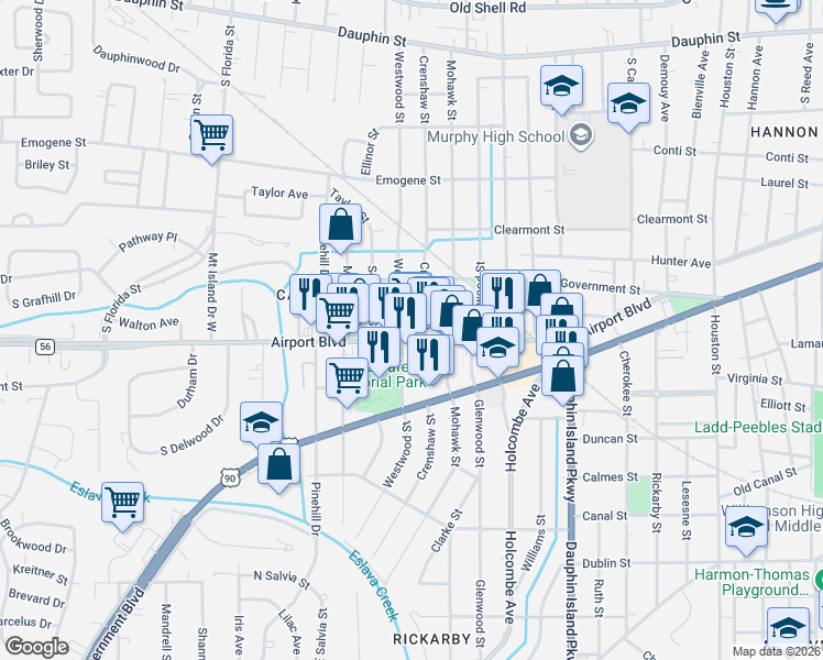 map of restaurants, bars, coffee shops, grocery stores, and more near 2206 Airport Boulevard in Mobile