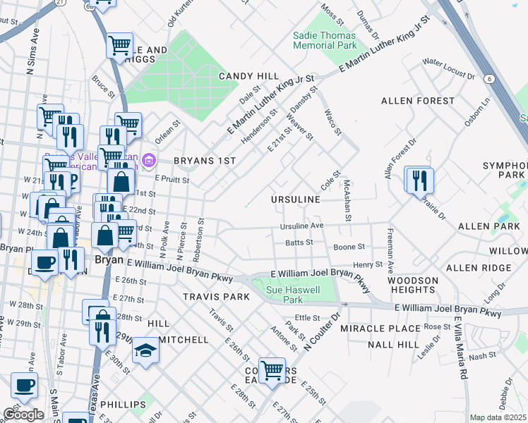 map of restaurants, bars, coffee shops, grocery stores, and more near 1120 Ursuline Avenue in Bryan