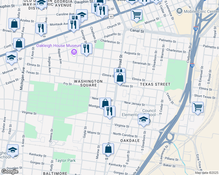 map of restaurants, bars, coffee shops, grocery stores, and more near 510 S Broad St in Mobile