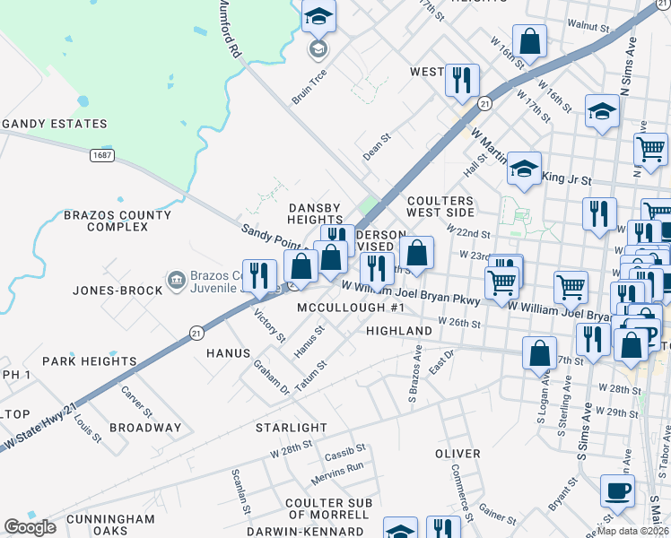 map of restaurants, bars, coffee shops, grocery stores, and more near 104 McCulloch St in Bryan