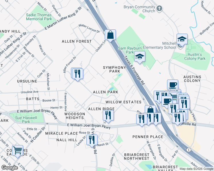 map of restaurants, bars, coffee shops, grocery stores, and more near 2806 Bexar Grass Drive in Bryan