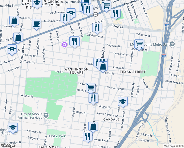 map of restaurants, bars, coffee shops, grocery stores, and more near 511 Marine Street in Mobile