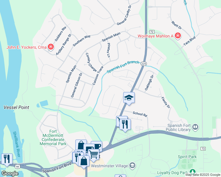 map of restaurants, bars, coffee shops, grocery stores, and more near 6575 Garrison Drive in Spanish Fort