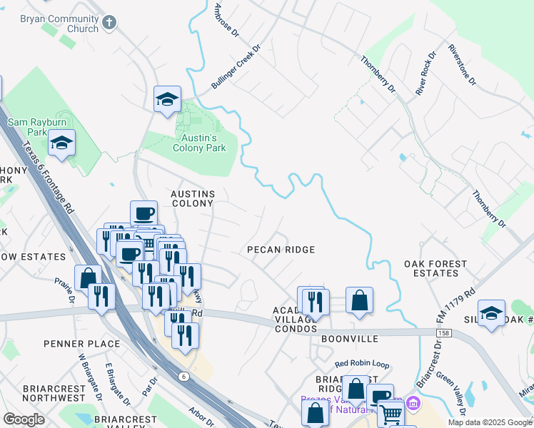 map of restaurants, bars, coffee shops, grocery stores, and more near 3700 Choctaw Street in Bryan