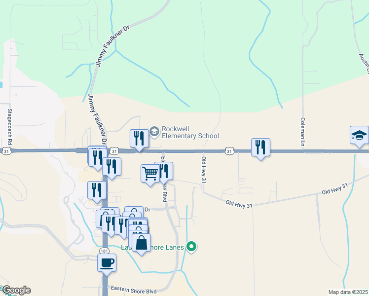 map of restaurants, bars, coffee shops, grocery stores, and more near 10424 Old Highway 31 in Spanish Fort