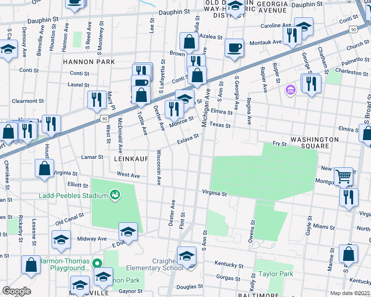map of restaurants, bars, coffee shops, grocery stores, and more near 350 Flint Street in Mobile