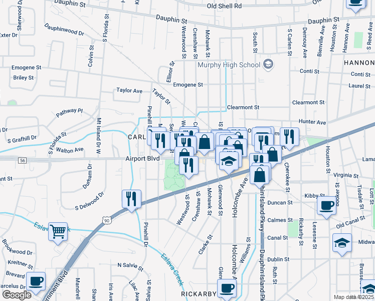map of restaurants, bars, coffee shops, grocery stores, and more near 2206f Airport Boulevard in Mobile