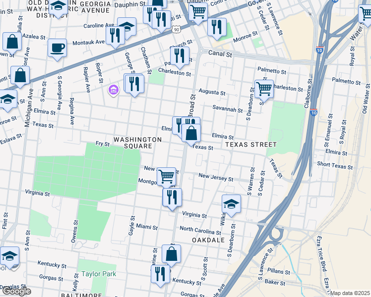 map of restaurants, bars, coffee shops, grocery stores, and more near 510 South Broad Street in Mobile