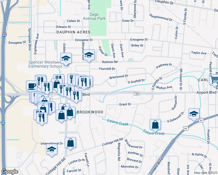map of restaurants, bars, coffee shops, grocery stores, and more near 2864-2904 Airport Boulevard in Mobile