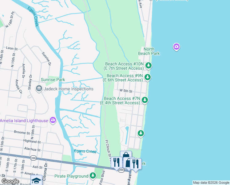map of restaurants, bars, coffee shops, grocery stores, and more near 2500 West 5th Street in Fernandina Beach