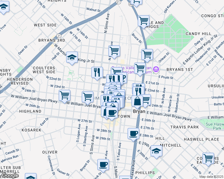 map of restaurants, bars, coffee shops, grocery stores, and more near 401 North Bryan Avenue in Bryan