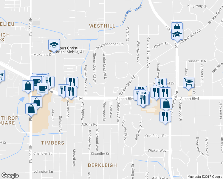 map of restaurants, bars, coffee shops, grocery stores, and more near 5869 Falls Church Road in Mobile
