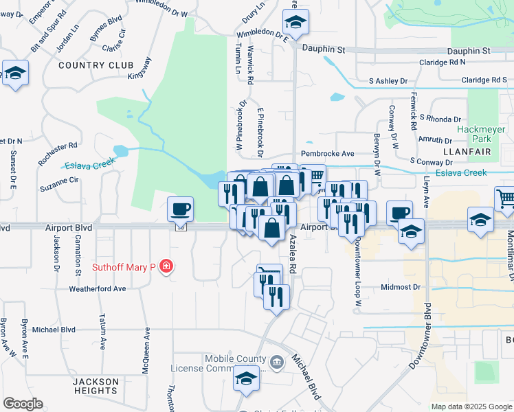 map of restaurants, bars, coffee shops, grocery stores, and more near 3952 Airport Boulevard in Mobile