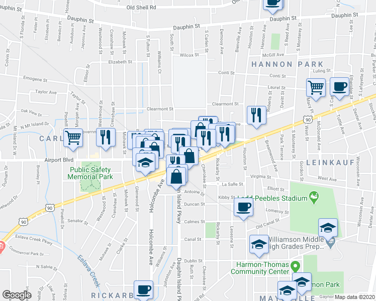 map of restaurants, bars, coffee shops, grocery stores, and more near 1903 Myrtle Avenue in Mobile