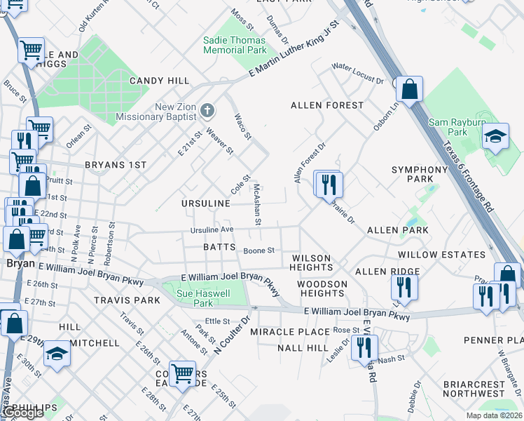 map of restaurants, bars, coffee shops, grocery stores, and more near 804 McAshan Street in Bryan